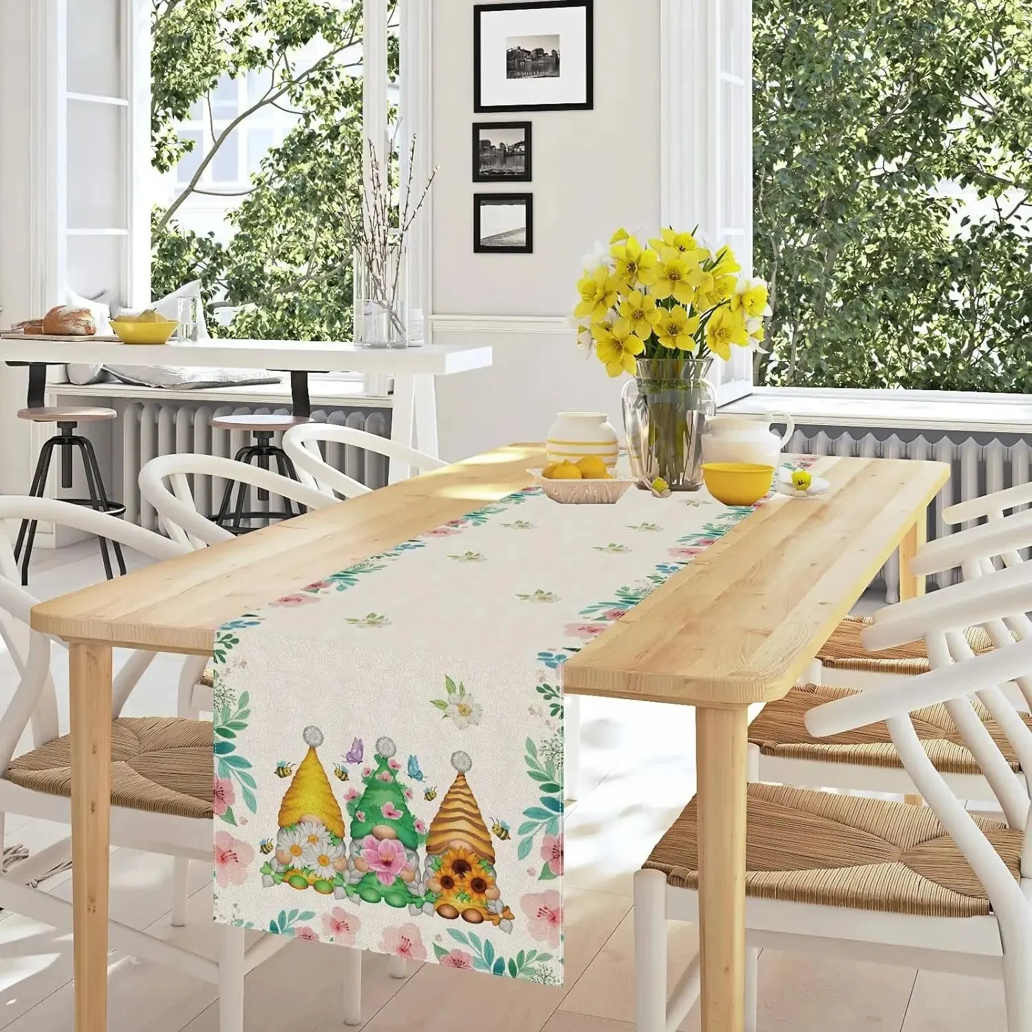 Stunning and elegant watercolor floral gnome table runner - perfect addition to kitchen and dining room decor, ideal for spring