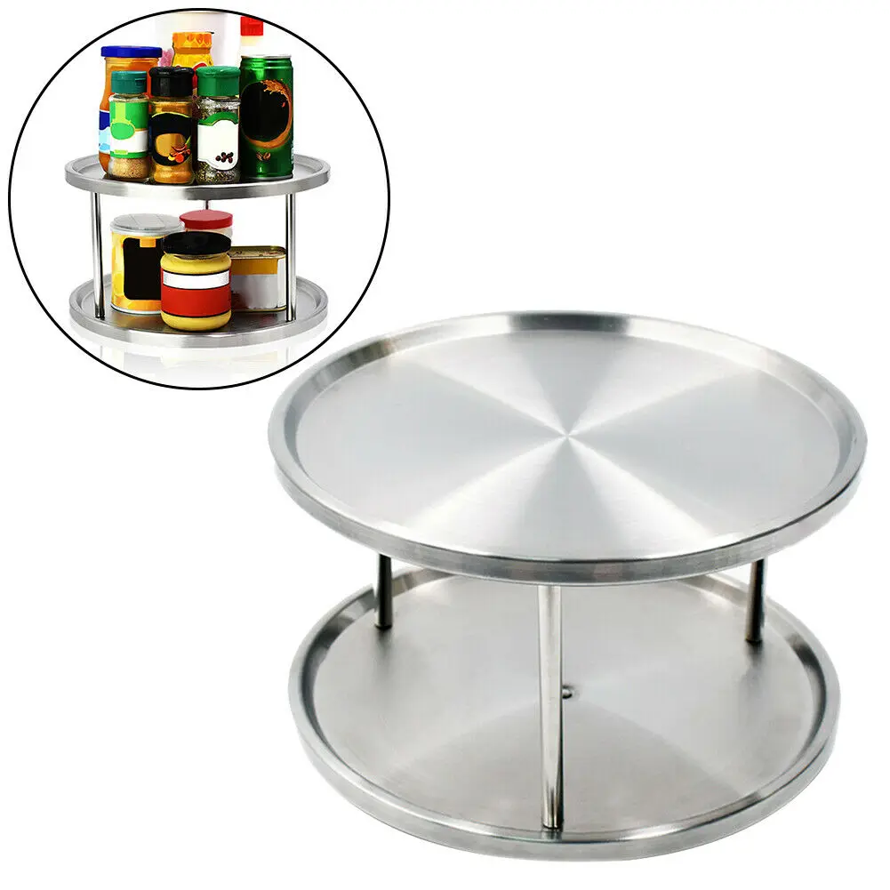 Stainless Steel Spice Rack Double-layer Turntable 360 Degree Rotating Organizer Tray For Kitchen Counters