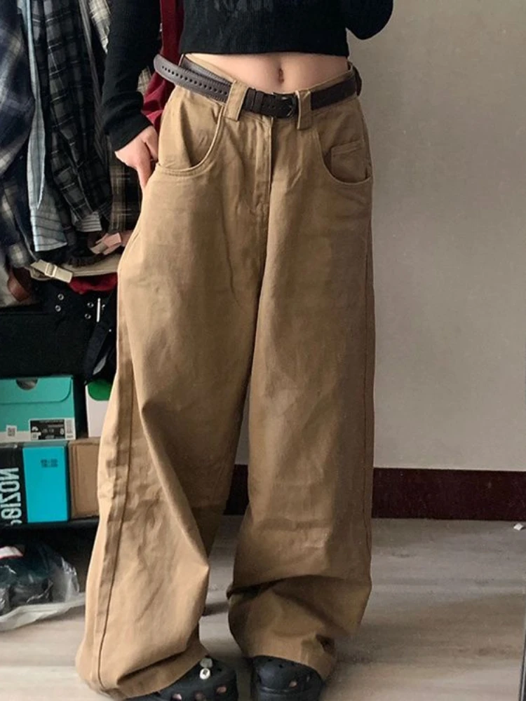 

ADAgirl Y2k Vintage Khaki Women's Cargo Jeans Harajuku Retro Oversize Korean Straight Wide Leg Denim Pants Hip Hop Slouchy Jeans