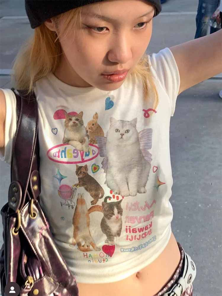 เสื้อยืดแขนสั้นแมวน่ารัก Y2K ญี่ปุ่นเสื้อครอปสำหรับผู้หญิงเสื้อครอปแบบกรันจ์เสื้อแฟรี่กราฟิกเสื้อยืดเด็กผู้หญิง MODE Korea 2000S