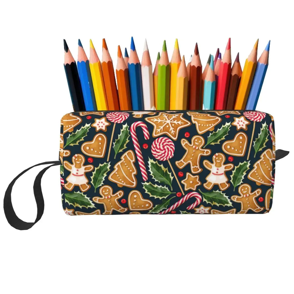 Christmas Gingerbread Candy Canes Pencil Case for Kids School Pen Box Pencil Bag Stationery Supplies Travel Women Cosmetic Bag