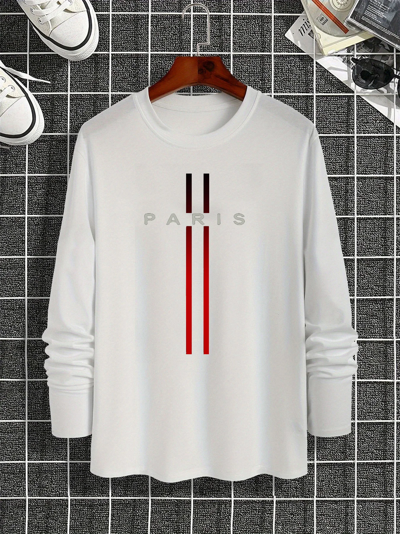 100% algodão puro masculino manga comprida em torno do pescoço solto casual paris padrão impresso primavera e outono versátil camiseta topo