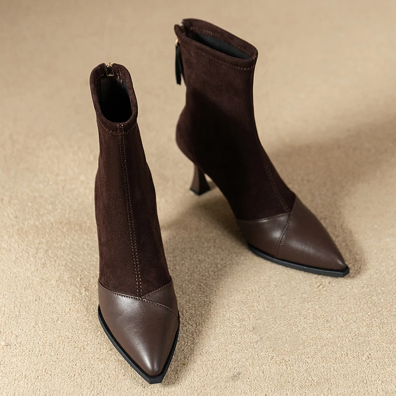 

Ботильоны на высоком каблуке, женские осенне-зимние новые эластичные узкие ботинки на шпильке с острым носком и застежкой-молнией сзади