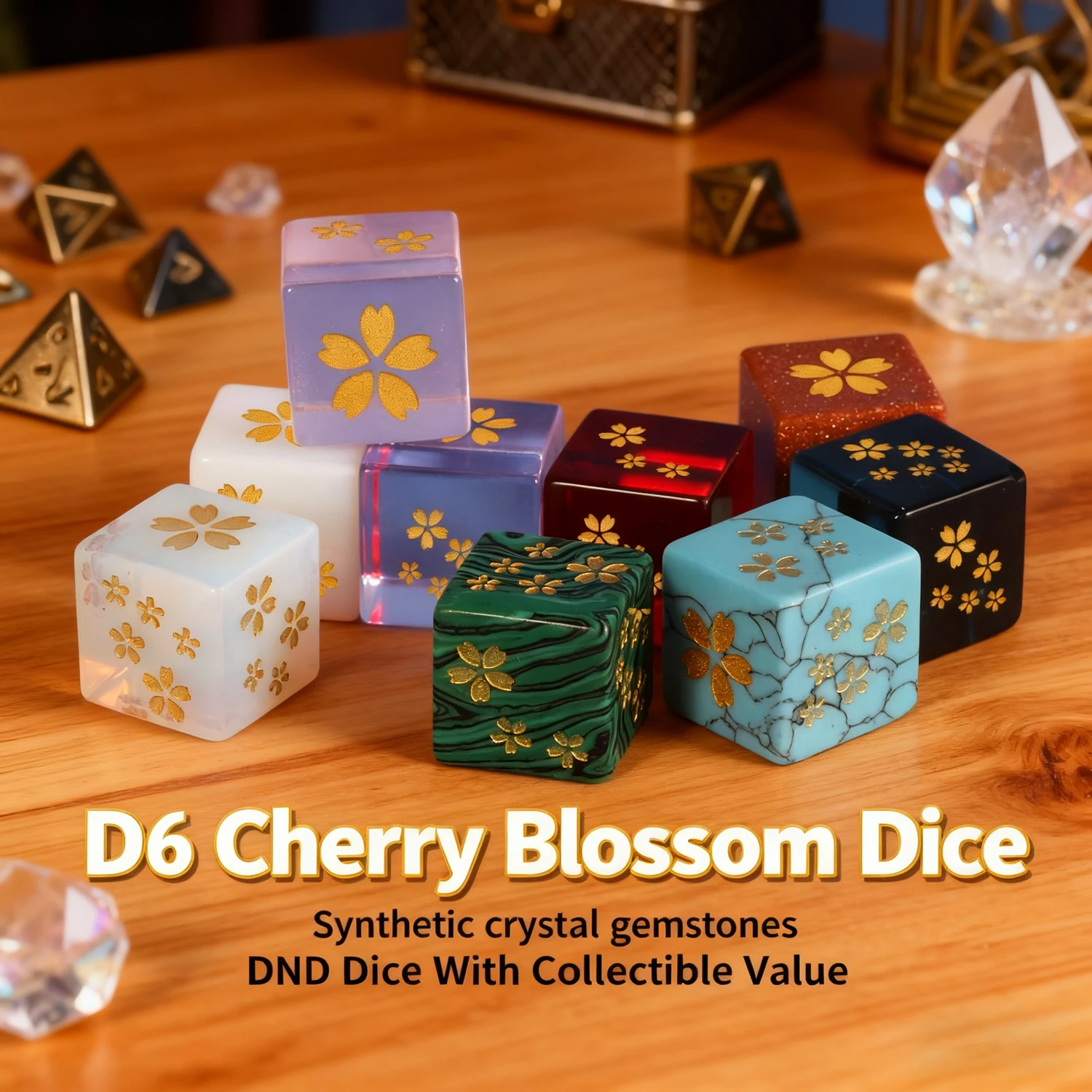 

Crystal Gem Dice Synthetic Gemstone Material D6 Cherry Blossom Pattern Dice Family Party Game Party Dice Game Accessories