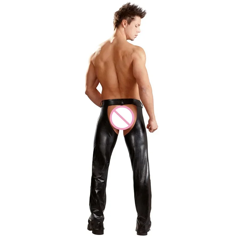 Exotic Gothic Gay fetish Men Sexy Open Crotch Pole Dance Pants Black Erotic Wetlook Patent Leather Leggings Chaps