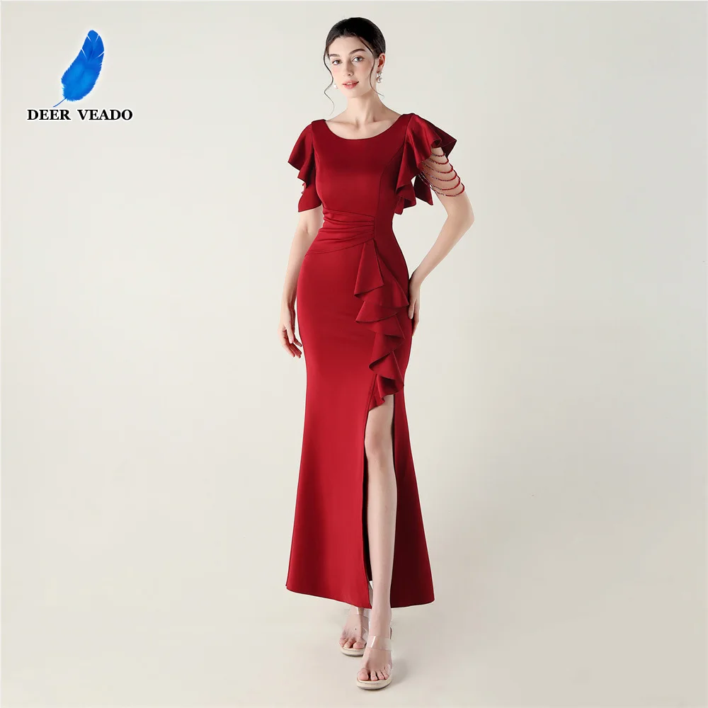

DEERVEADO Elegant Mermaid O Neck Cap Sleeves Evening Dresses with Beads Women's Soft Satin Formal Dress Party Dresses Long