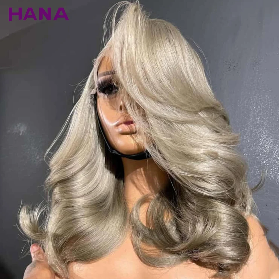 

Hana Ash Blonde Colored Body Wave 13x4 Lace Frontal Wig Pre-Plucked Ombre Short Bob Human Hair Wavy Wig For Women 180% Density