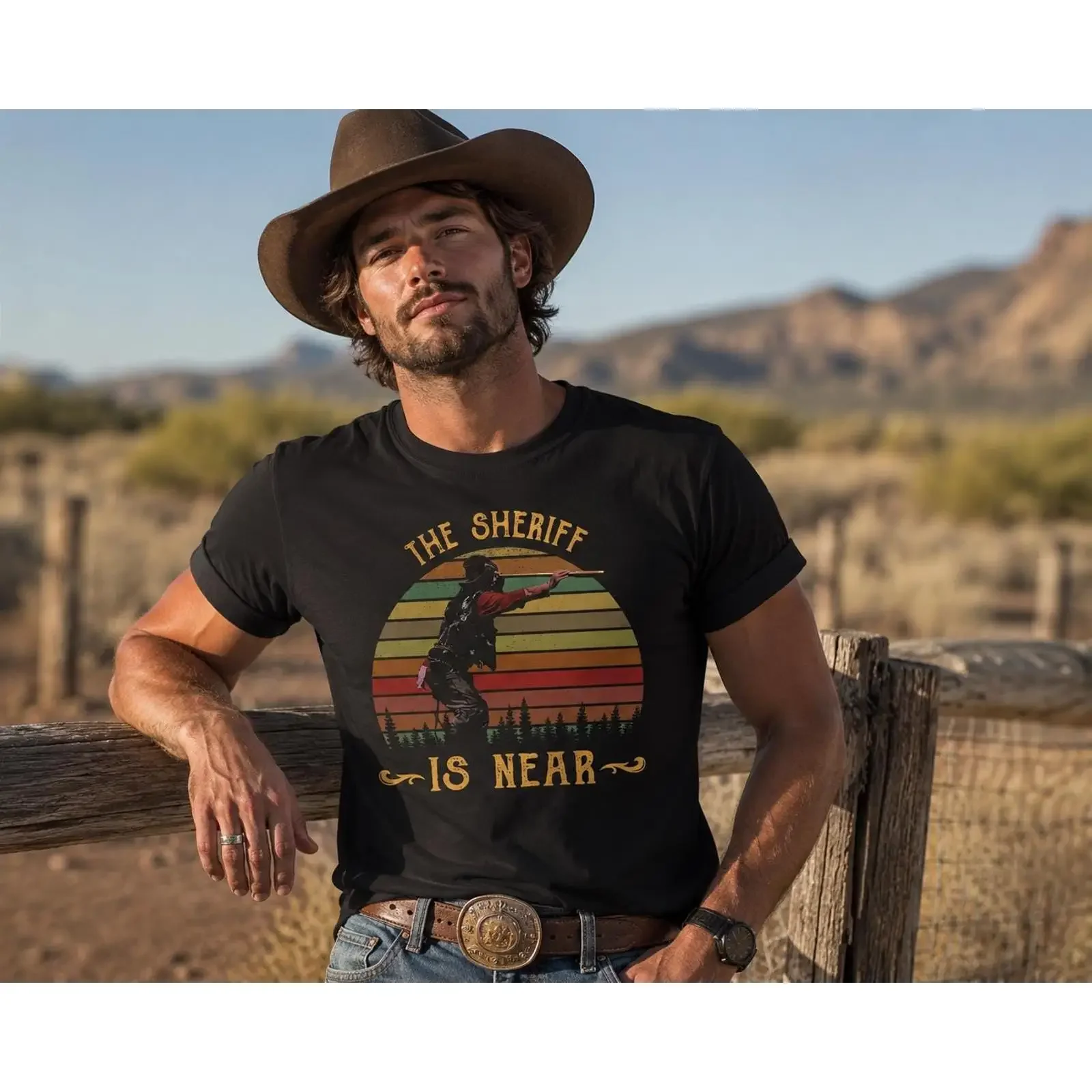 The Sheriff Is Near Vintage Western T Shirt Retro Sunset Cowboy Movie Quote vintage Washed graphic Breathable Soft homme