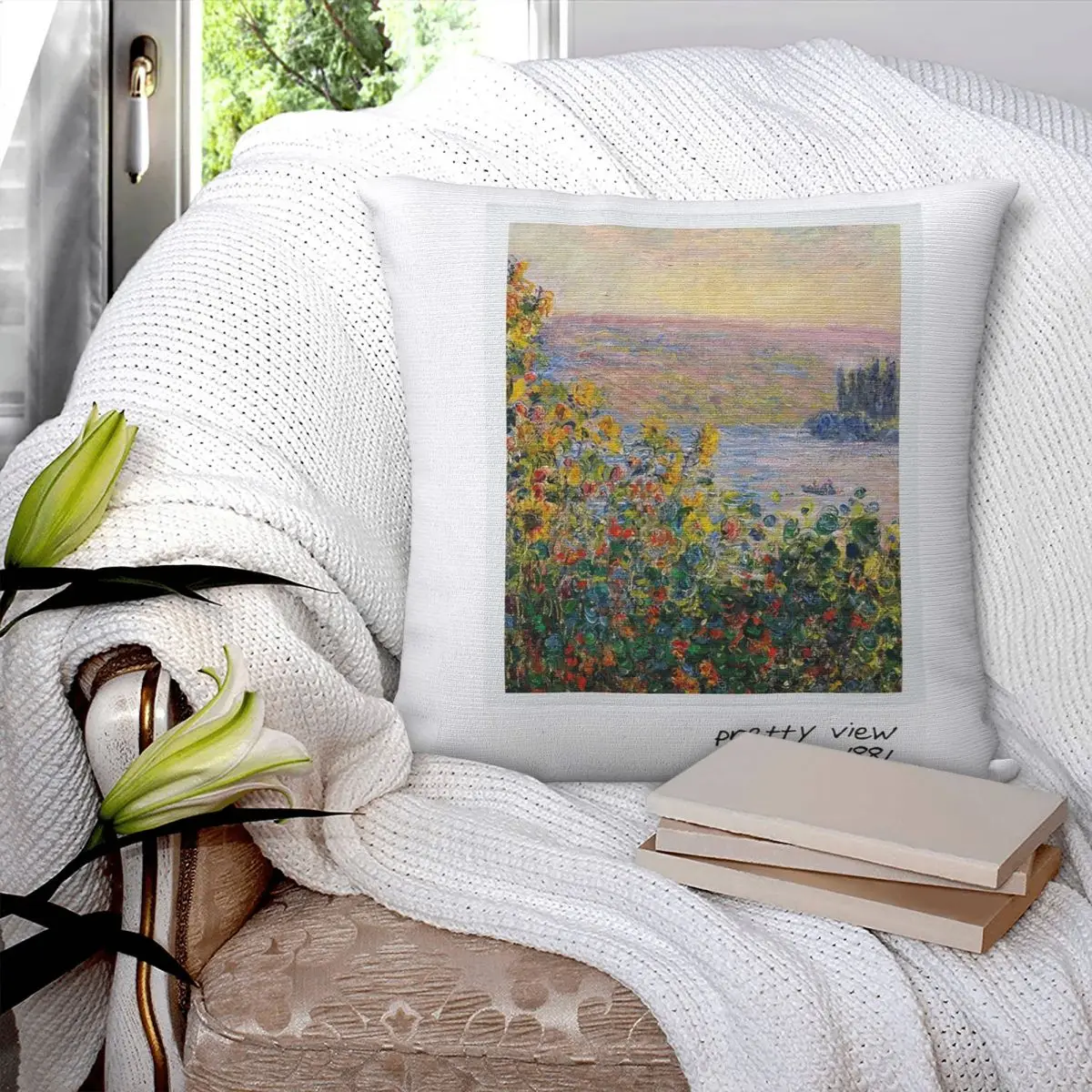 Monet Pretty View Square Pillowcase Pillow Cover Polyester Cushion Zip Decorative Comfort Throw Pillow for Home Bedroom