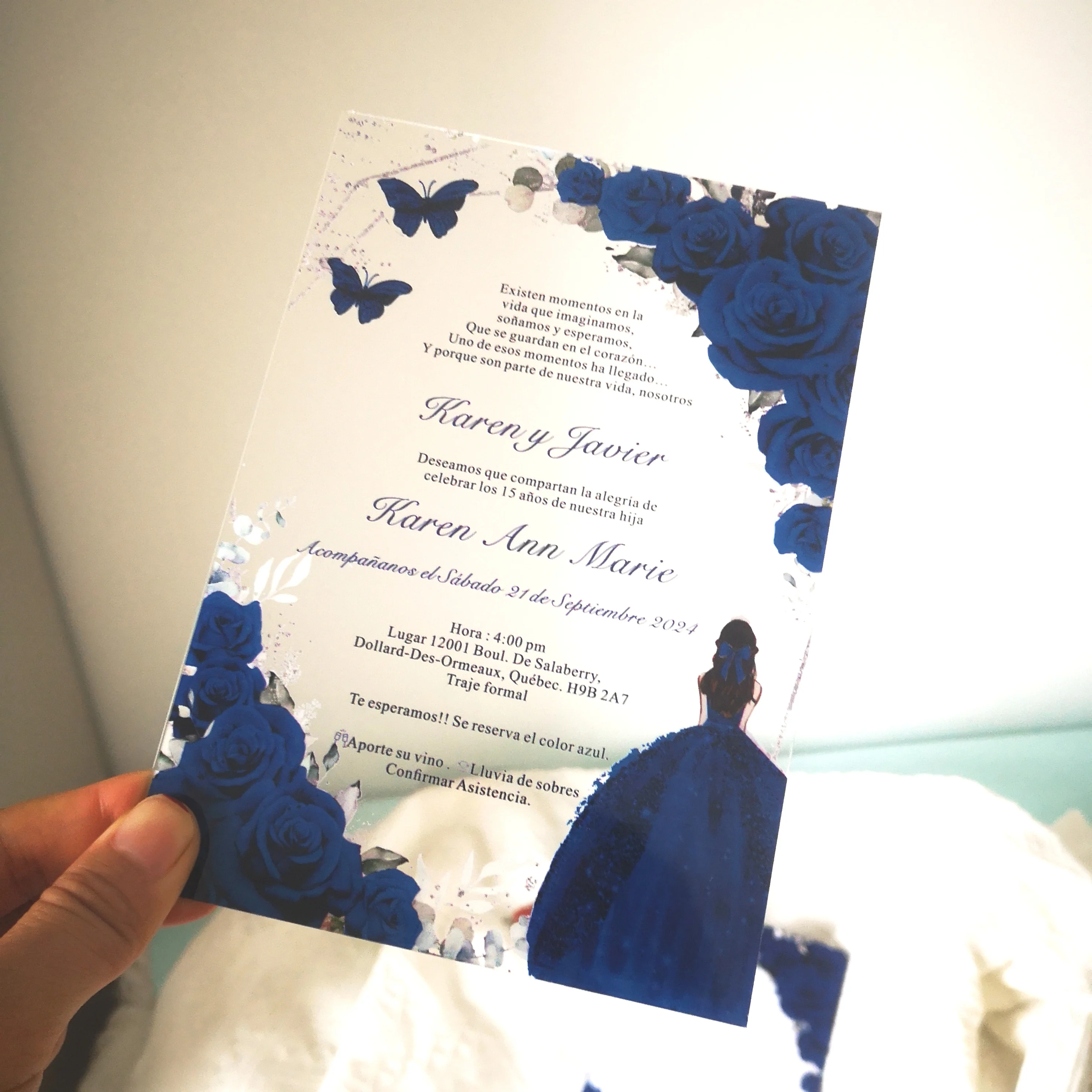 Sky Blue Rose Butterfly Quinceañera Invitation, Light Blue Acrylic Quinceanera Invitation, Mis XV Anos Invite