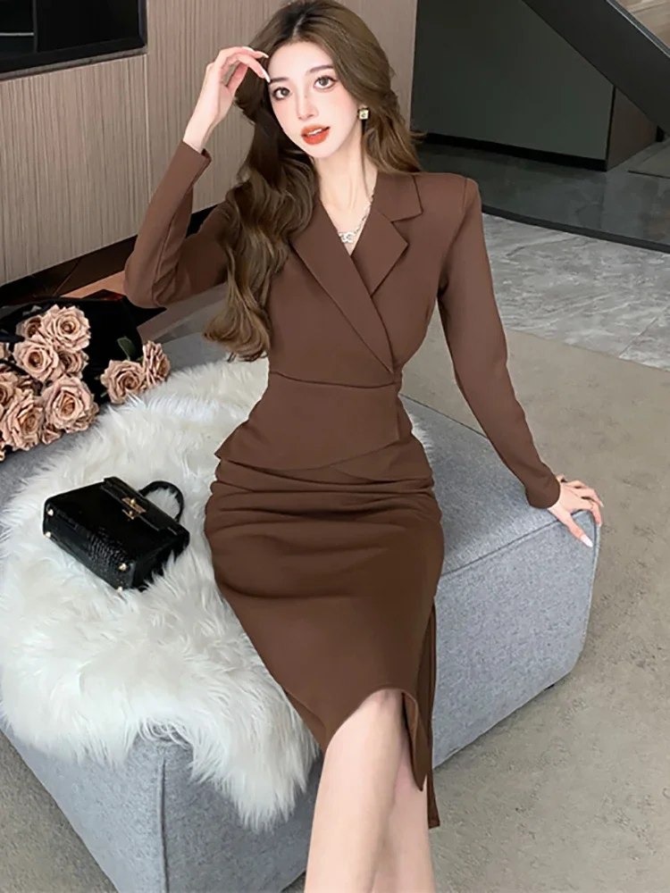 2024 Black Long Sleeve Bodycon Office Lady Dress Autumn Winter Solid Patchowrk Fake Two Piece Dress Korean Elegant Women's Dress