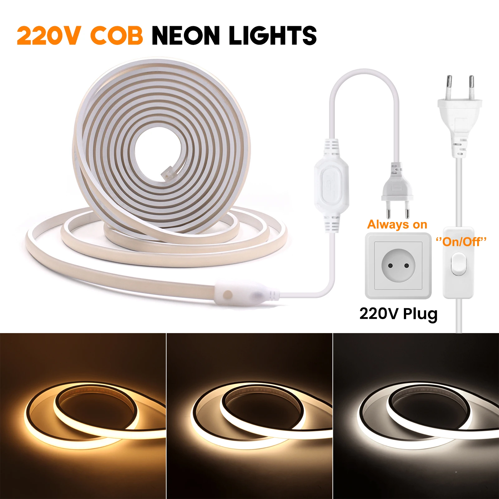 Tira de luces LED COB de neón, 220V, UE, lámpara impermeable para exteriores, 288LEDs/m, luces LED COB flexibles para iluminación lineal de cocina y dormitorio