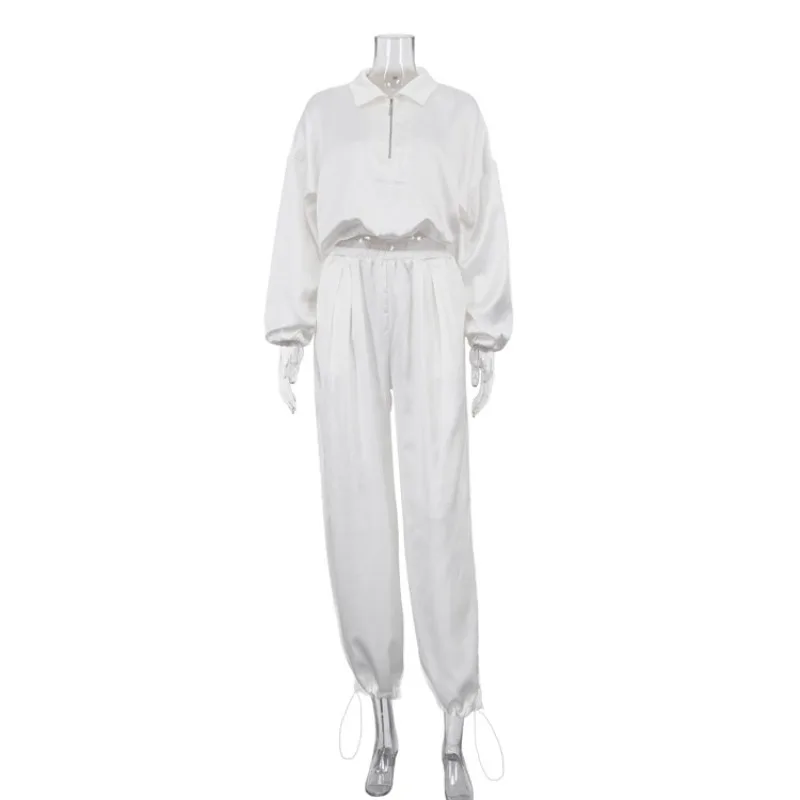 Damen Luxus Satin Zweiteiler Set Crop Top Jogginghose mit Kordelzug Elegante Loungewear Nachtwäsche Urlaub Freizeitanzug – Detail 2