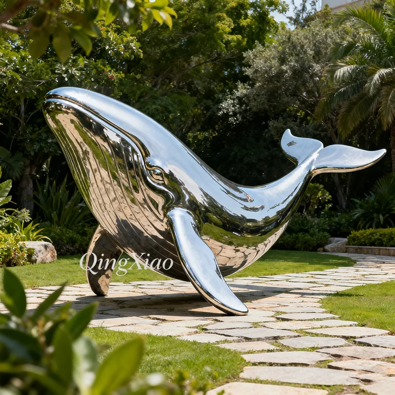 Mirror Polished Wave Whale Dolphin Stainless Steel Sculpture Custom Modern Decor Outdoor Seaside Commercial Waterside Landscape