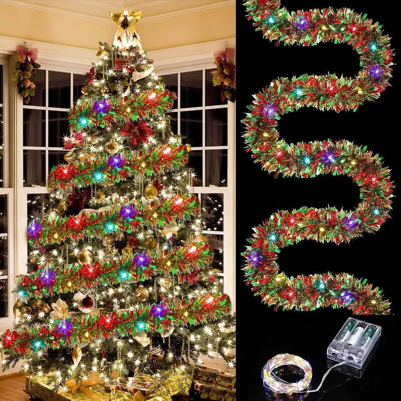 5M Festoon Christmas Garland Metallic Shiny Tinsel with LED Lights for Tree Decoration - Indoor Outdoor Xmas Party New Year 2025