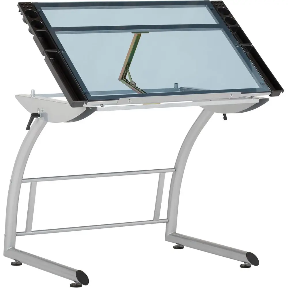 

Стол для рисования, регулируемый офисный домашний компьютерный стол для сидения и стоя, 35,25 Вт X 23,5 Г, серебро/синее стекло