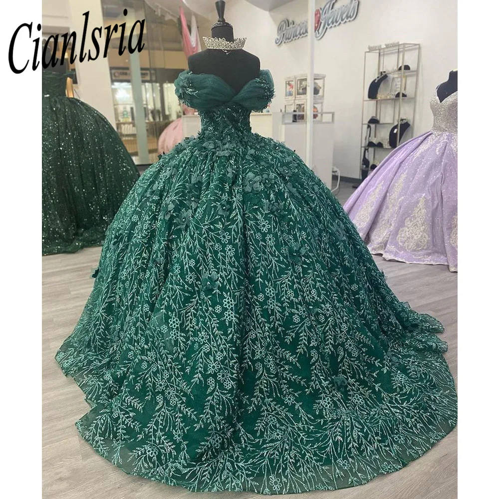 Emerald Green Quinceanera Dresses Off The Shoulder Glitter Tulle Appliques Ball Gown Pageant Birthday Gown Sweet Robes De Bal