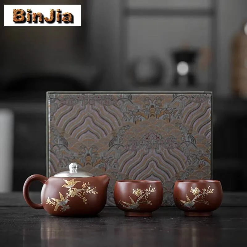 

Набор чайников Xishi из фиолетовой глины с птицами и цветами, полный винтажный чайник для чайной церемонии, 1 горшок, 2 чашки, китайская подарочная коробка для рукоделия Zisha