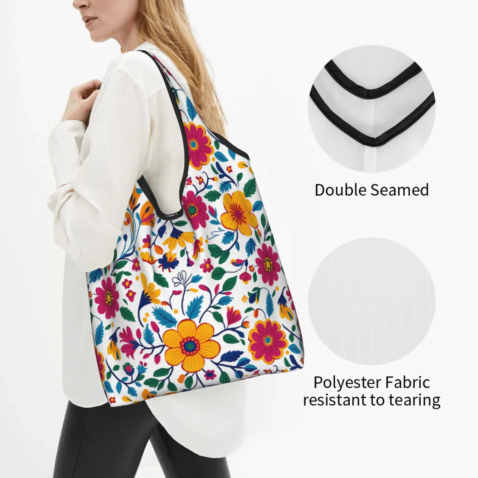 Fashion Bright Mexican Otomi Floral Shopping Tote Bag Portable  Grocery Shoulder Shopper Bag