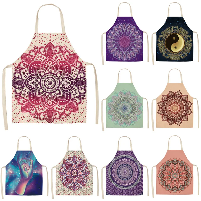 1Pcs Mandala Printed Cotton Linen Kitchen Aprons for Woman Home Cooking Baking Coffee Shop Cleaning Accessories 55x68cm