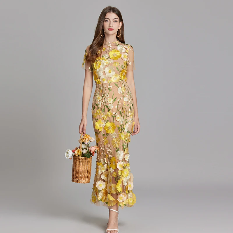 3d flower mesh dress ZEYLAH Women's Elegant Party 3D Flower Mesh Embroidered Asymmetric Collar Maxi Dress, Summer Evening Party Dress