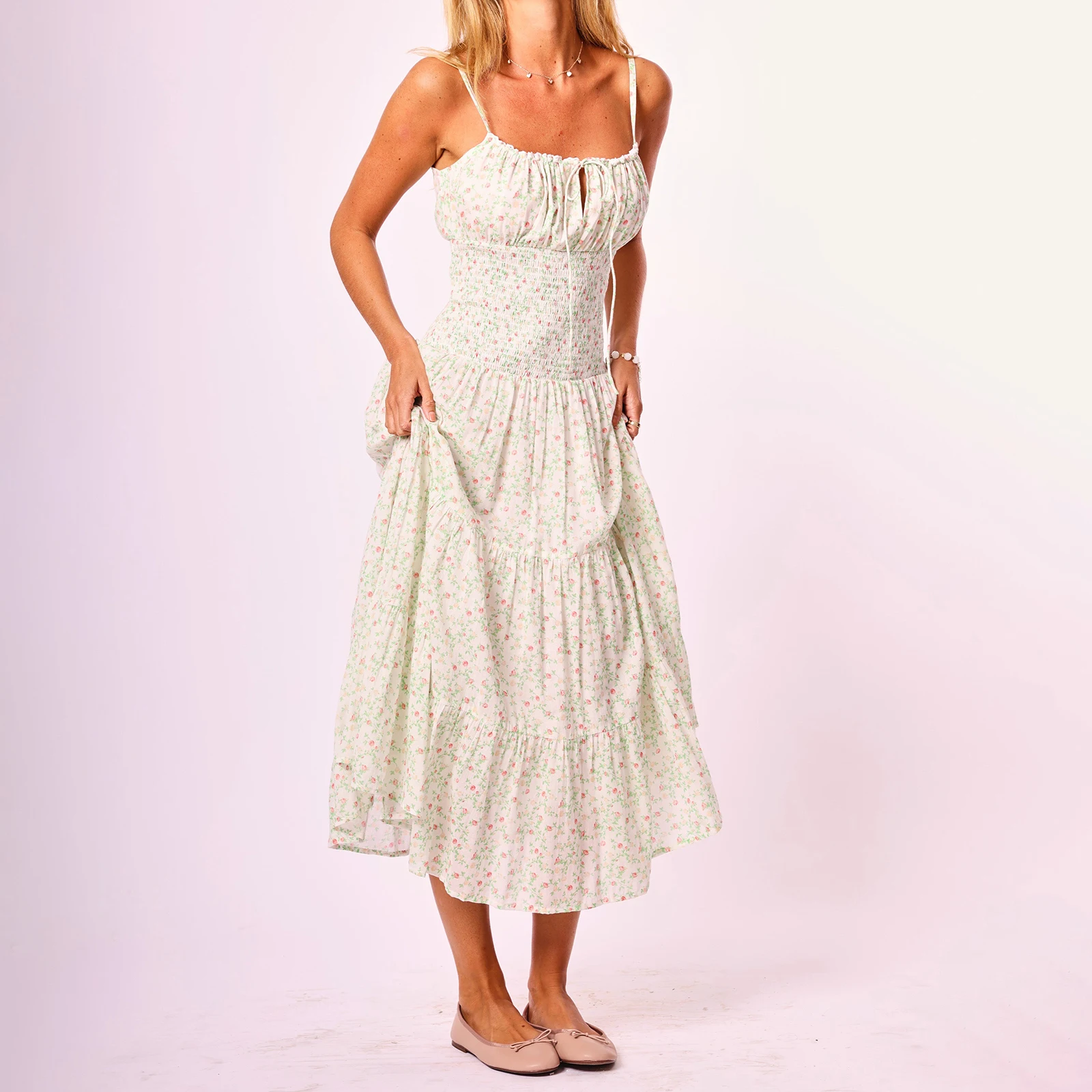 Abito lungo floreale da donna con scollo a barchetta, slim, smock, allacciatura, collo quadrato, senza maniche, a strati, con volant, per il club di feste quotidiano