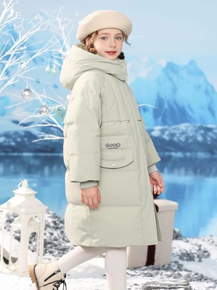 High-End Children's Fashion Long Hooded Down Coat Winter New Girls Windproof Warm Loose Down Jacket A4161