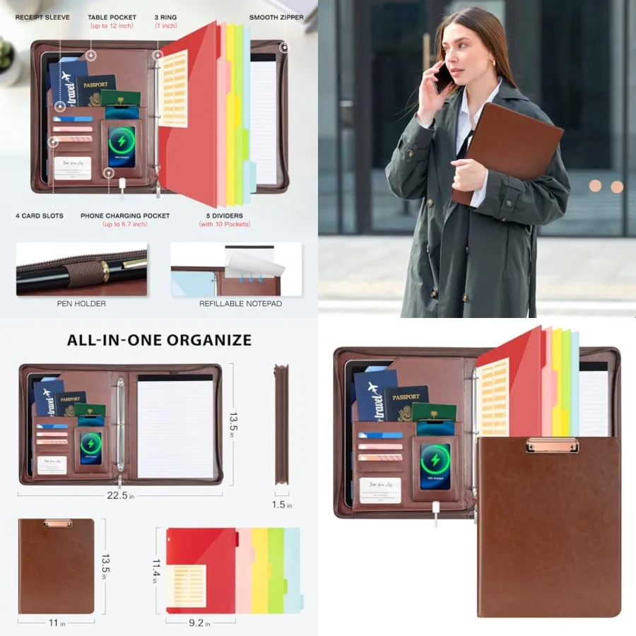 

Zippered Padfolio Organizer, Faux Leather 3 Ring Binder with Clipboard, Letter Size Business Portfolio with Notepad, Tablet Sle