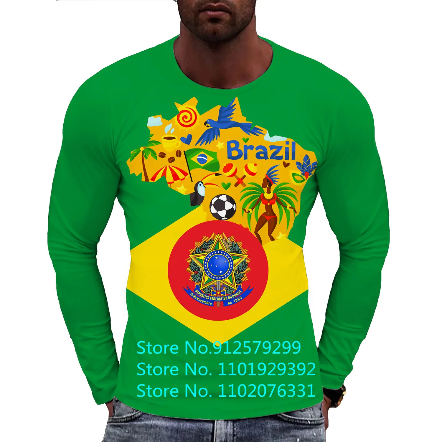 2022 Men\'s Brazil Flag Graphic T-Shirt Fashion 3d Print Brasil Long Sleeve Tops Streetwear Sports Pullover