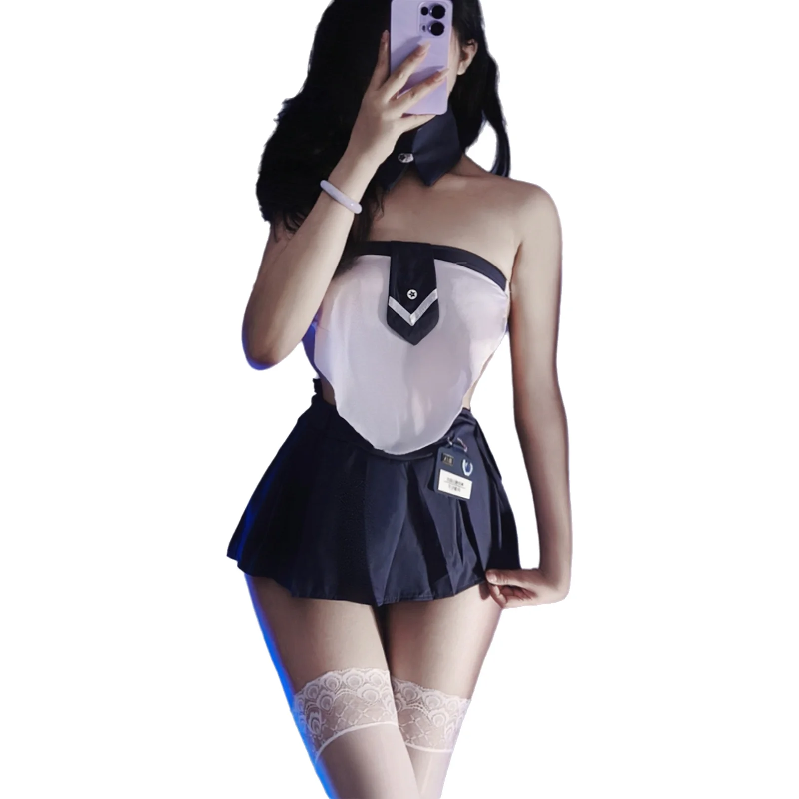 

Night Sexy Cool School Girl JK Style With Bow Tie Sailor Hot Girl Short Skirt Backless Sleeveless Off-the-shoulder Sexy Set RKYL
