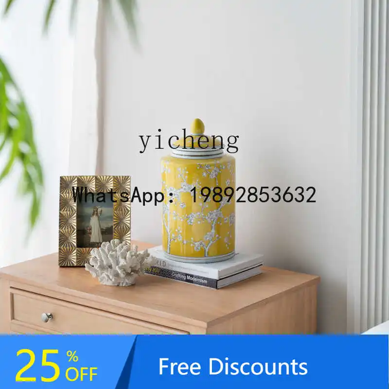 

living room hand vase new Chinese high-end porcelain retro yellow hydroponic flower arrangement