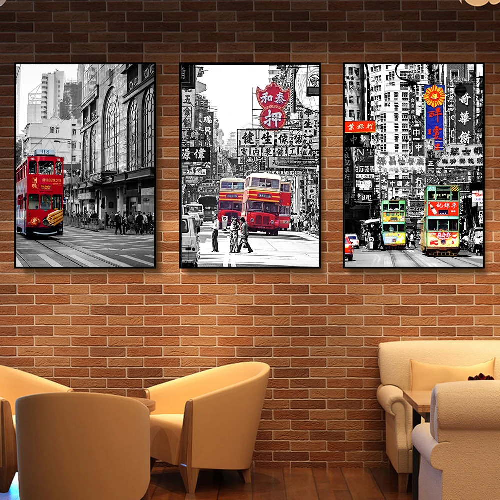 Chinese Style Hong Kong Nostalgic Retro Urban Architecture Landscape Painting Wall Art Canvas Posters Prints for Bar home Decor