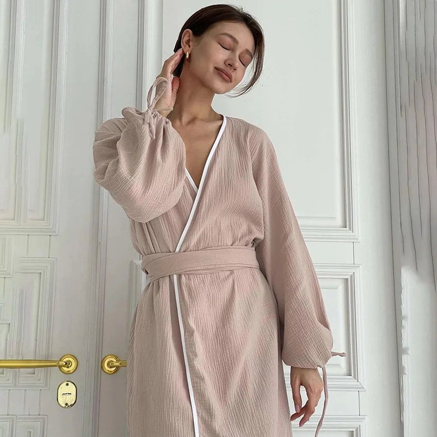 Autumn New France Pajamas for Women Cotton Comfort Home Nightgown With Belt Solid Color Long-sleeved Leisure Lady Night-robes