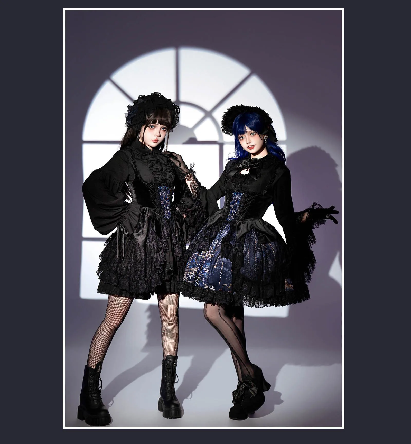 

- Ночной путешественник — классическое и элегантное готическое платье с яркими оконными принтами от Susin Lolita