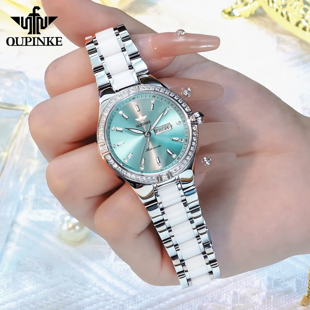 OUPINKE 3283 Dual Calendar Automatic Watch For Women Import Mechanical Movement Ceramic Steel Strap Hand Clock Waterproof Watch