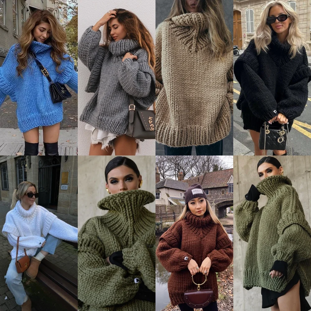 

Solid Knit Turtlrneck Double Lantern Sleeve Women Pullover Thick Warm Oversized Loose Jumper Sweater 2023 Fall Winter Knitwear