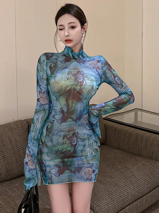 Spicy Girl Long Sleeve Tie Dye Abstract Print Slim Fit Base Layer Butt Hugging Dress Women's Fashion Net Material round Neck