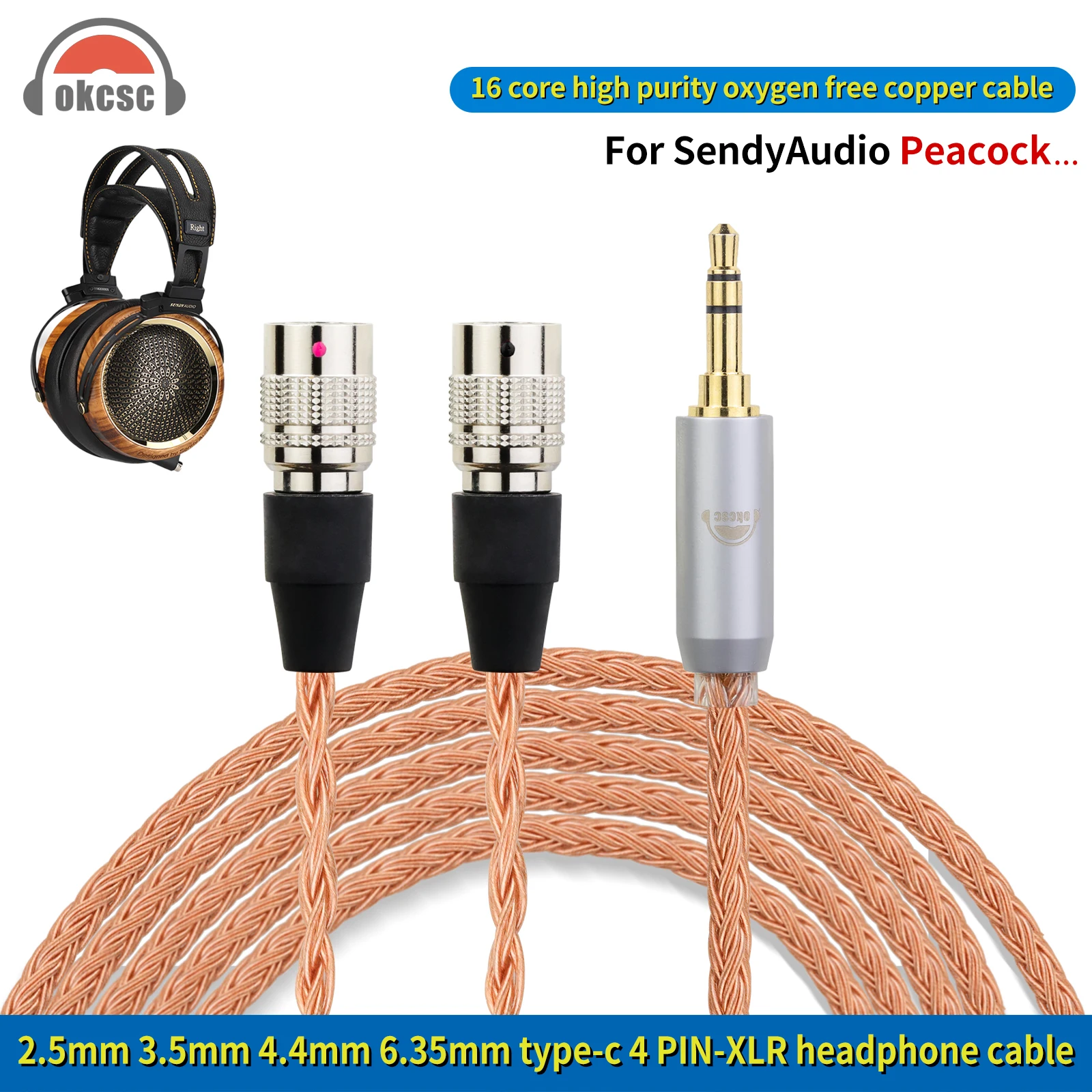 

OKCSC Standard Balanced Headphone Cable for Sendyaudio Peacock Clark Audio Prime 2.5mm/3.5mm/4.4mm/6.35mm/4 Pin XLR/Type-C Plug