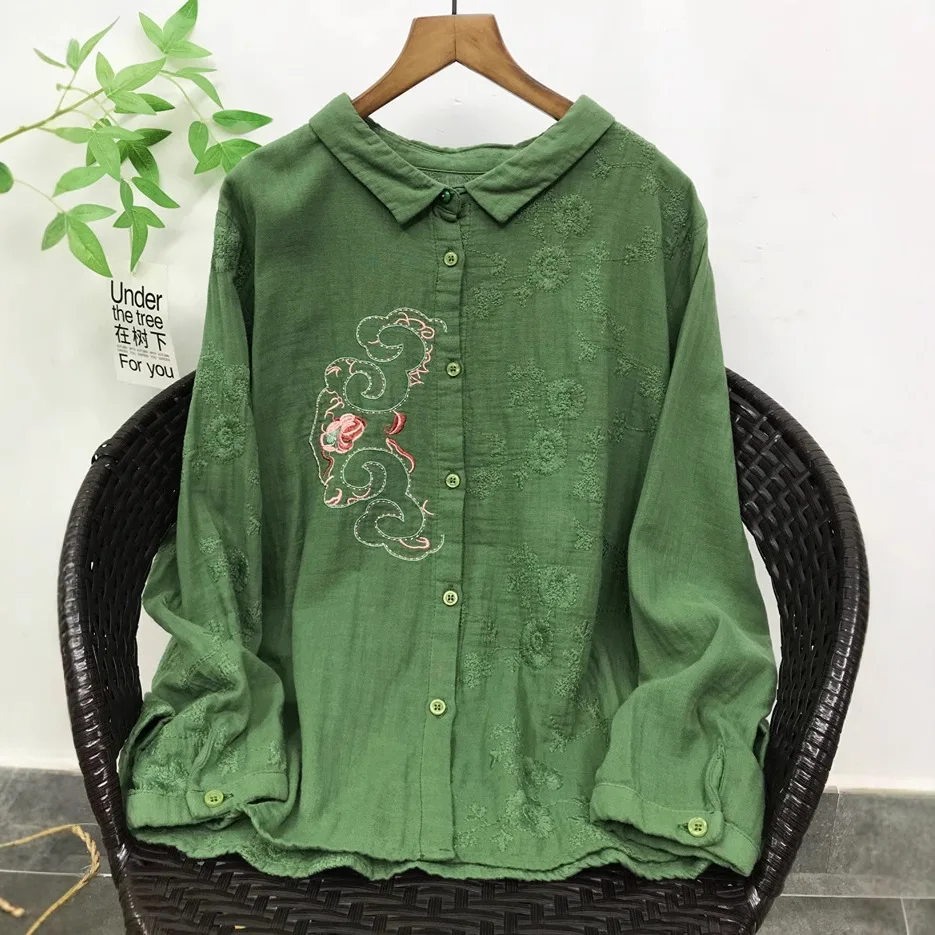 

Ethnic Style Cotton Embroidered Women's Shirt, New Autumn Arrival Soft Double-Layer Cotton Gauze Long Sleeve Blouse