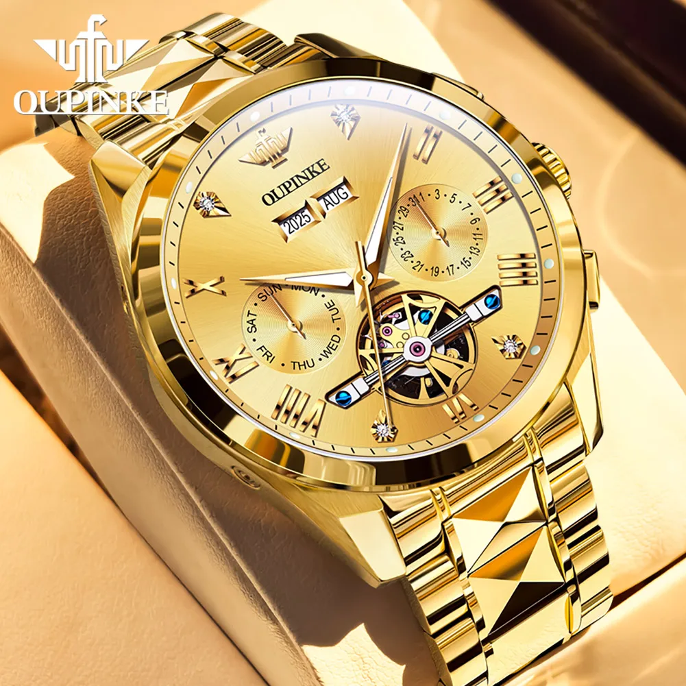 OUPINKE 3240 Skeleton Herrenuhren 50 m wasserdicht automatische mechanische Uhr Saphir leuchtendes Datum Wolframstahl Markenuhr 4