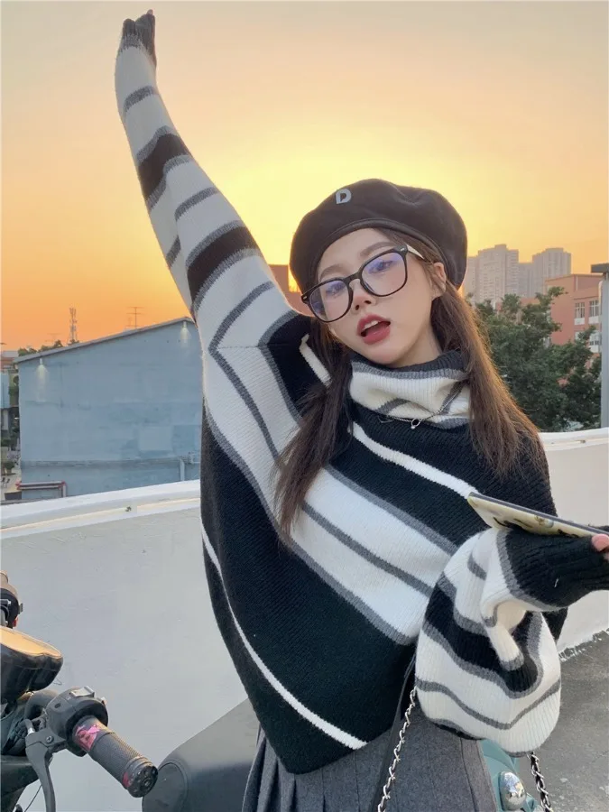 Retro Gestreepte Hoge Kraag Luie Sle Warme Trui Dames Herfst 2025, Nieuwe Casual Losse Ort Gebreide Top Comfortabele Pasvorm