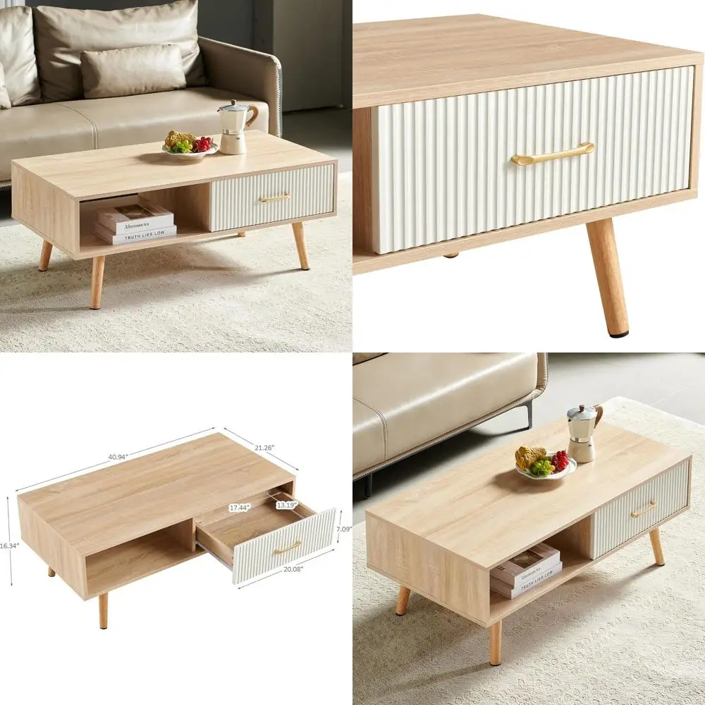 

Large 41 Striped Wooden Coffee Table with Storage for Living Room, 2-Tier Design, Solid Wood Legs