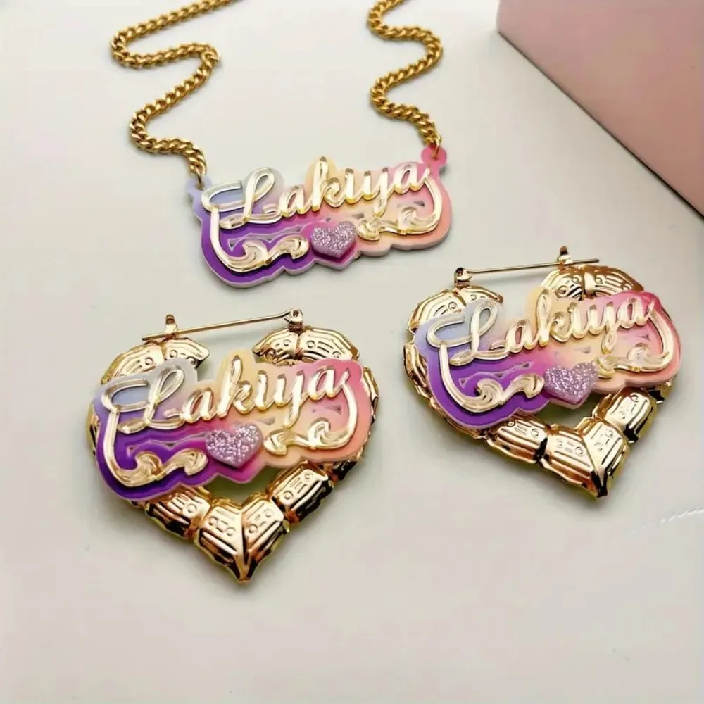 

2 Pcs Set Custom Name Acrylic Jewelry Set Personalized Name 45cm Necklace 50mm Heart Bamboo Hoop Earrings for Christmas Gifts