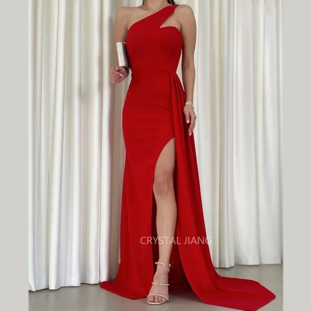 

Classy Long Red One Shoulder Satin Evening Dresses Sleeveless with Slit Mermaid Sweep Train فساتين سهرة Party Gowns