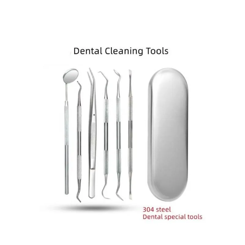 Kit d'outils de nettoyage des dents en acier inoxydable, miroir dentaire, double sonde, faucille, houe remodelée, tartre, kit de soins buccaux, ensemble de 6 pièces