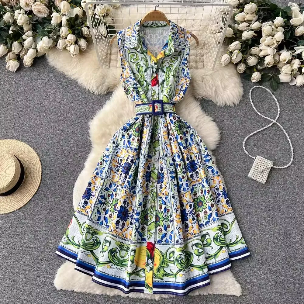 

Runway Sleeveless Turn Down Collar Single-Breasted A-Line Dress Summer Women Holiday Flower Printing Belt Party Beach Vestidos