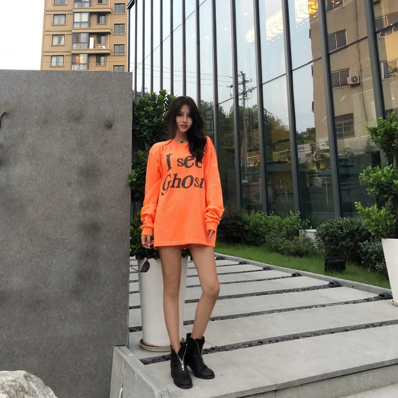 

Футболка KIDS SEE GHOSTS×CPFM Kanye West Kids Meet Ghosts, флуоресцентная, с длинными рукавами, круглым вырезом, повседневная, из хлопка