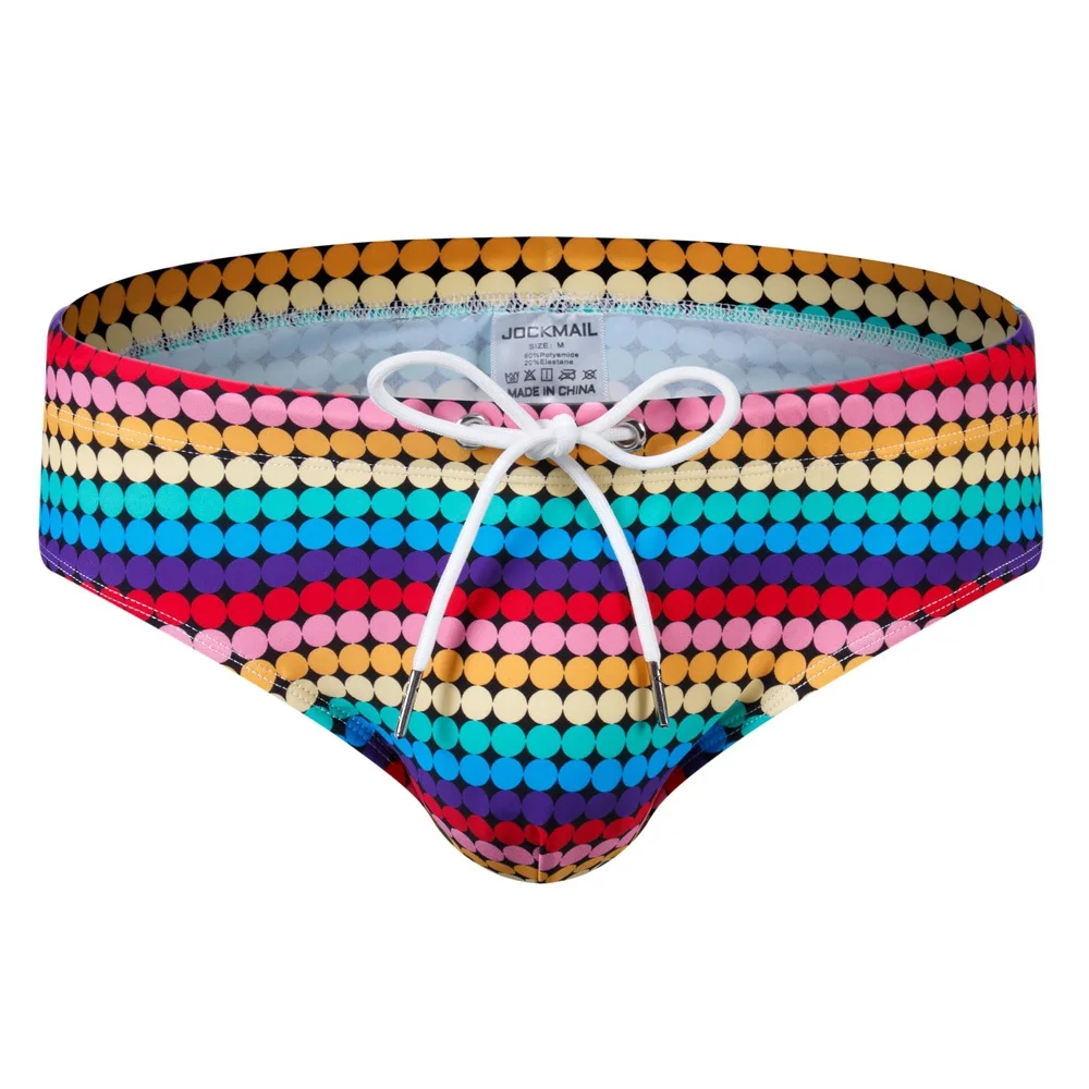 Mens Triangle Swim Briefs with Padded Inserts Sexy Low-rise Male Beach Swimming Trunks Rainbow Print Swim Suits Man Underpants