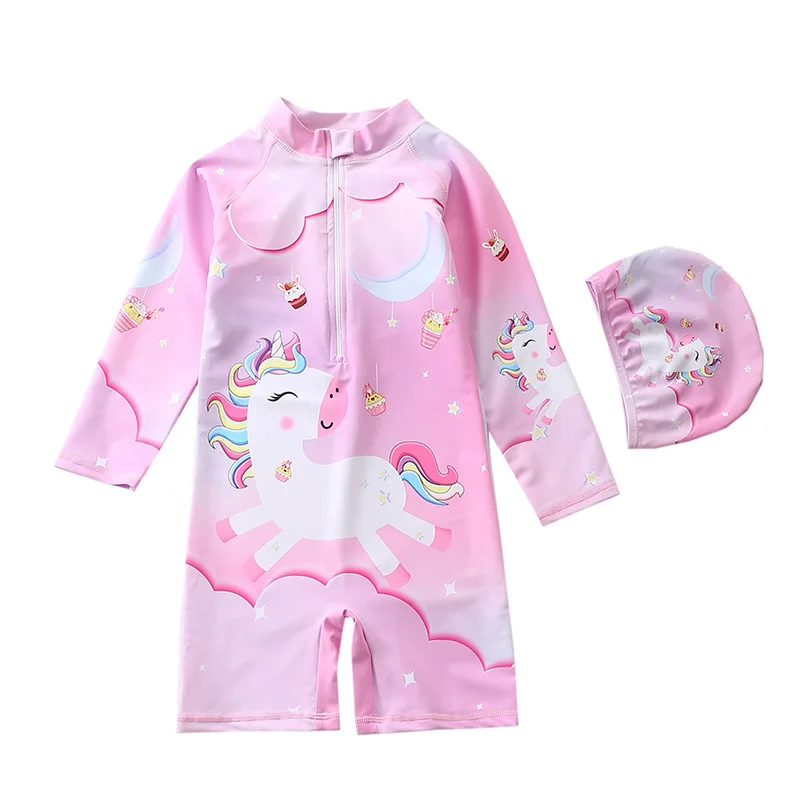 

HappyFlute New 10-28kg Unicorn Print Zipper Design Long Sleeve With Swimming Cap Sunscreen Girls Swimsuit