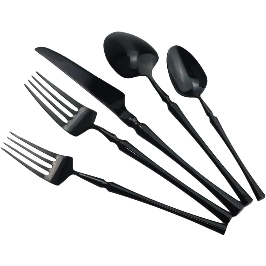 20 piece Black Flatware Set 304 Stainless Steel Fork Spoon Cutlery Luxury Mirror Polished Silverware Dishwasher Safe Service fo